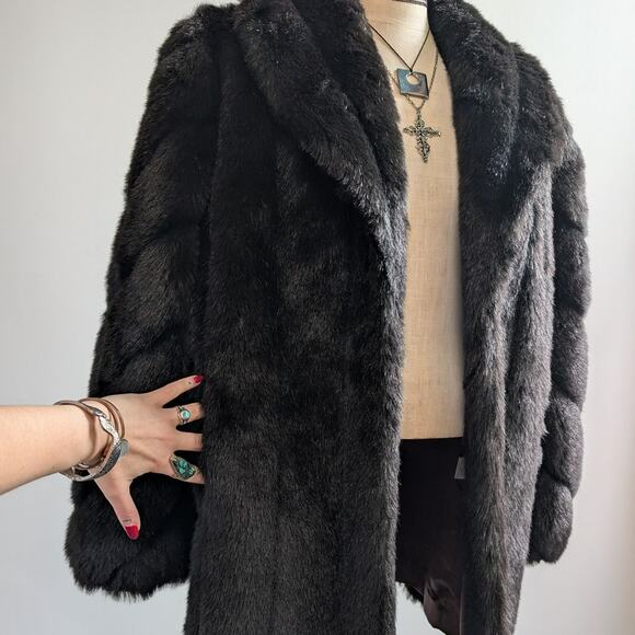 Vintage Black Faux Fur Coat Fur Trim Jacket Mob Wife Minimalist Goth Chic Medium - Picture 5 of 12